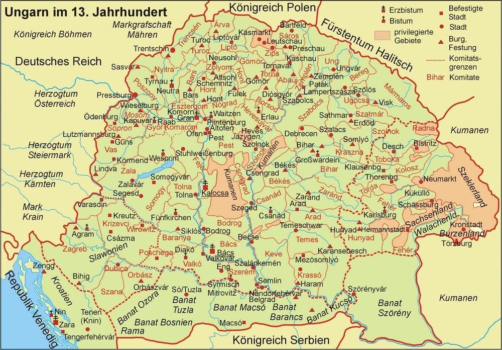 Zu sehen ist die Ausdehnung des ungarischen Königreiches im 13. Jahrhundert.