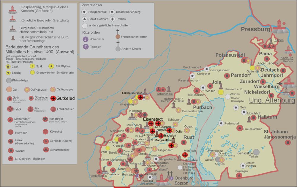 Zu sehen sind die Besitzungen der Familie Gutkeled auf dem Gebiet des heutigen Burgenlandes.