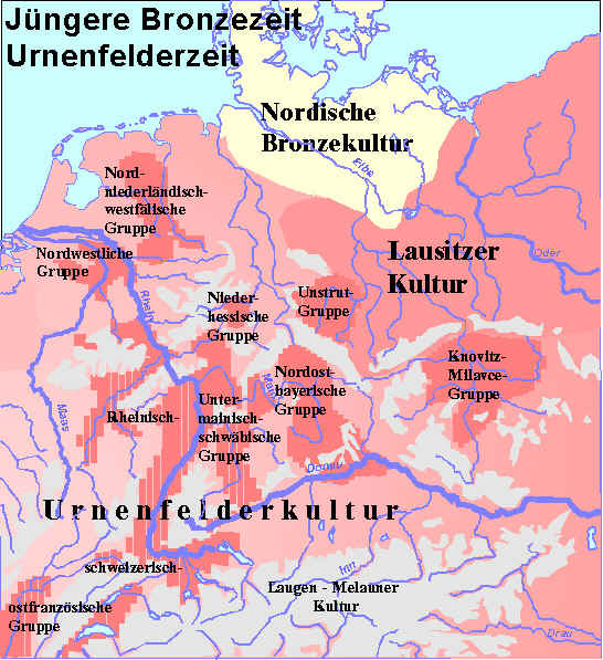 Zu sehen sind die Gebiete der Nordischen Bronzekultur, der Lausitzer Kultur sowie der Urnenfelderkultur.