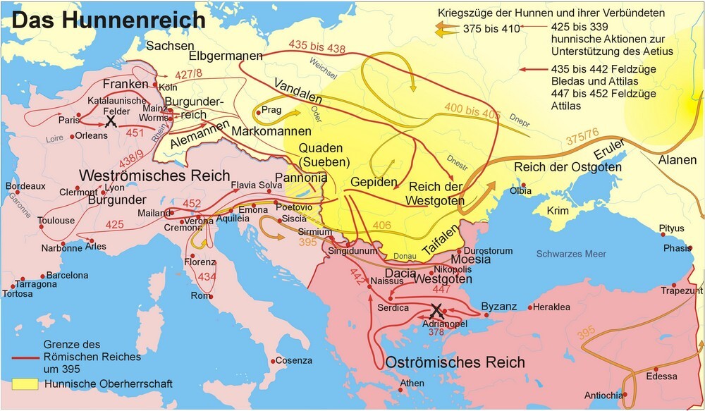 Zu sehen ist das Hunnenreich inklusive der Kriegszüge der Hunnen und ihrer Verbündeten von 375 bis 452 auf dem Gebiet des Römischen Reiches.