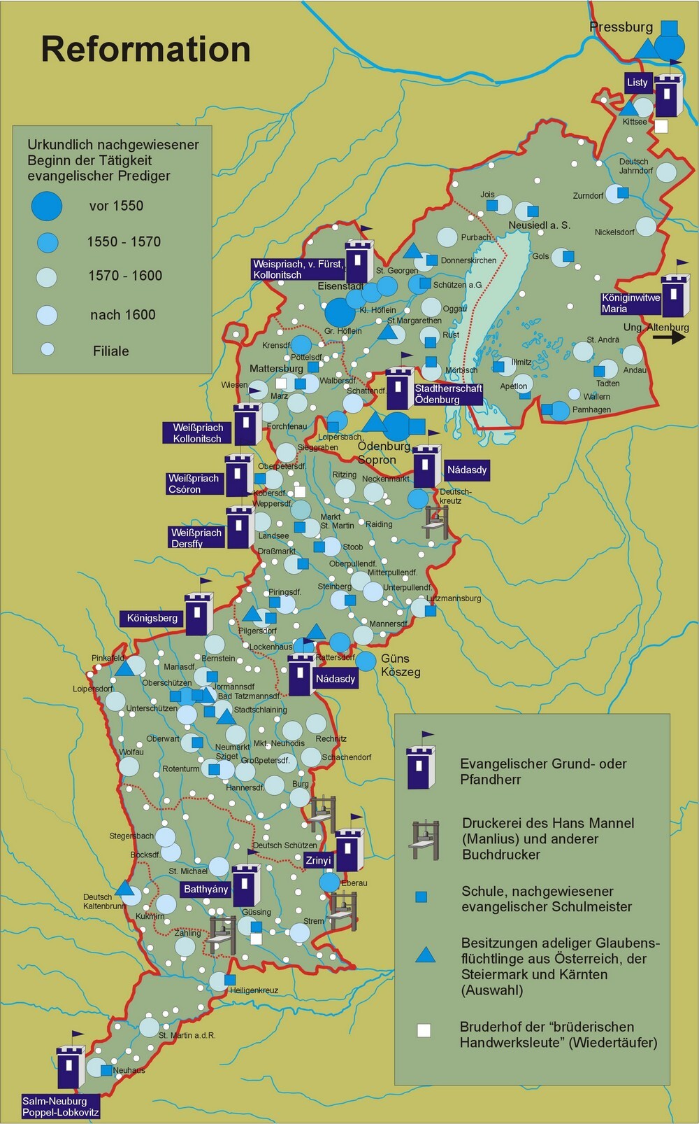 Zusehen sind die unterschiedlichen Beginndaten von evangelischen Predigern in den burgenländischen Gemeinden.