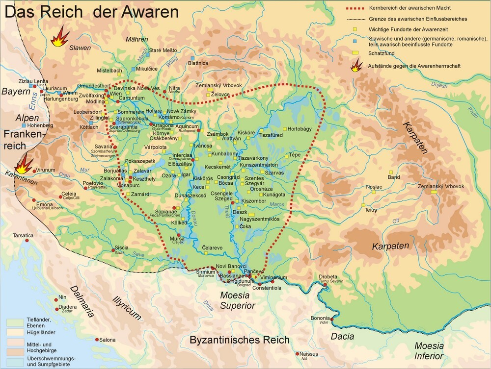 Karte in der die Ausdehnung des Awarenreichs in Zentraleuropa zu sehen ist.