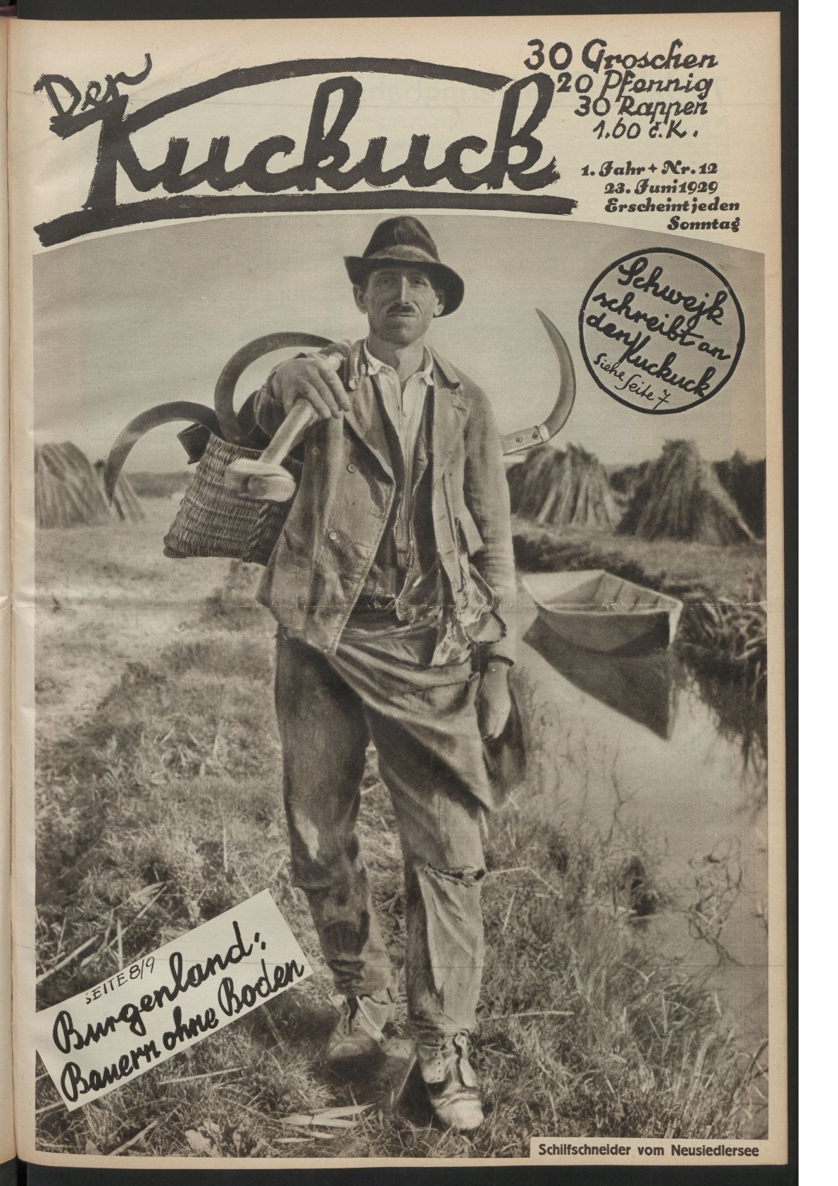 Titelbild mit Schilfschneider vom Neusiedler See der Zeitschrift Kuckuck der Ausgabe vom 23. Juni 1929. 