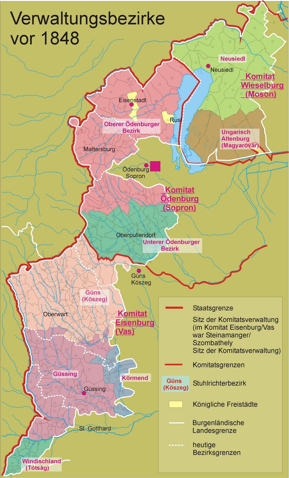 Die Karte zeigt die Komitate und die Verwaltungsbezirke Westungarns auf dem Gebiet des heutigen Burgenlandes im Jahr 1848