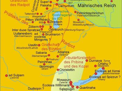 Zu sehen ist eine Karte mit archäologischen Funden aus der Karolingerzeit auf dem Gebiet des heutigen Burgenlandes, mit Schwerpunkt Nord- und Mittelburgenland.