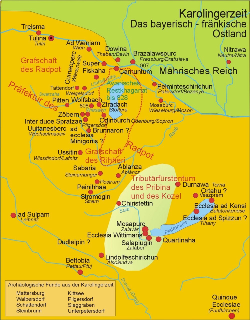 Zu sehen ist eine Karte mit archäologischen Funden aus der Karolingerzeit auf dem Gebiet des heutigen Burgenlandes, mit Schwerpunkt Nord- und Mittelburgenland.