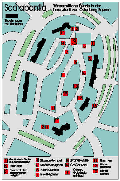 Karte mit den römerzeitlichen Funden in der Innenstadt von Ödenburg-Sopron