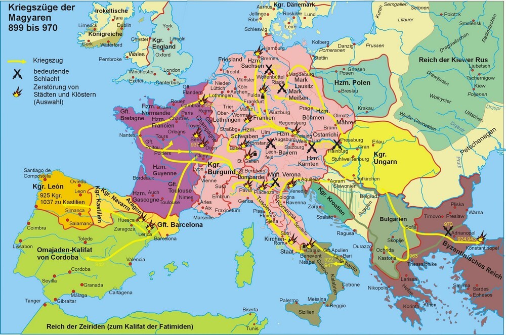 Zu sehen sind die Kriegszüge der Magyaren beziehungsweise die Schauplätze der Kampfhandlungen - vorwiegend auf dem Gebiet des heutigen Mitteleuropas.
