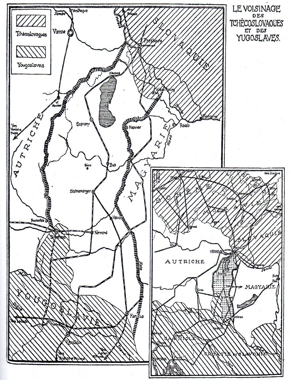 Zu sehen ist der geplante sogenannte "Slawische Korridor" der auf burgenländischem/ungarischen Gebiet zwischen der Tschechoslowakei und Jugoslawien verlaufen wäre.