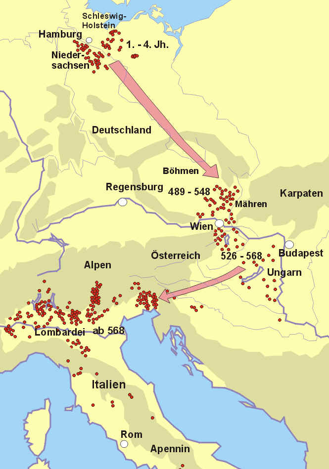 Zu sehen ist die Wanderung der Langobarden von Norddeutschland bis nach Italien.