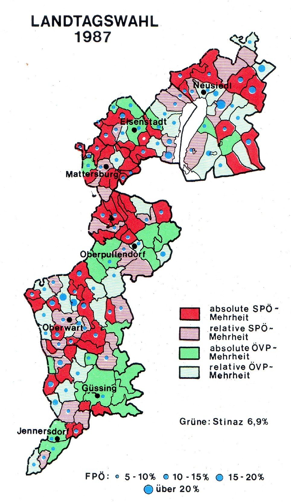 Karte der Landtagswahl von 1987, eingefärbt nach Mehrheiten von SPÖ und ÖVP in den burgenländischen Gemeinden