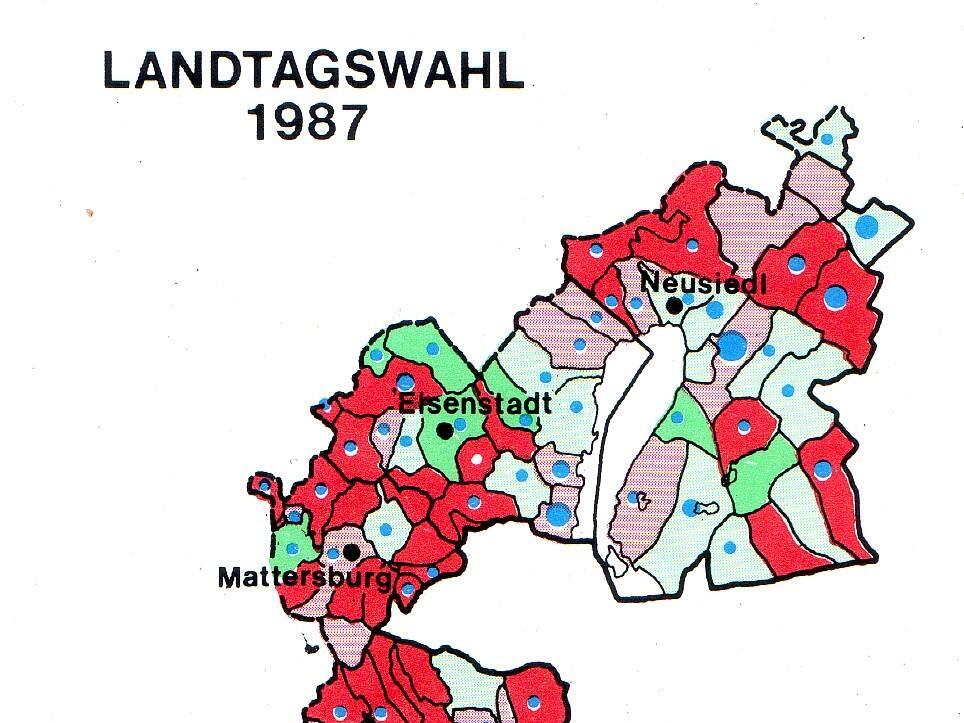 Karte der Landtagswahl von 1987, eingefärbt nach Mehrheiten von SPÖ und ÖVP in den burgenländischen Gemeinden