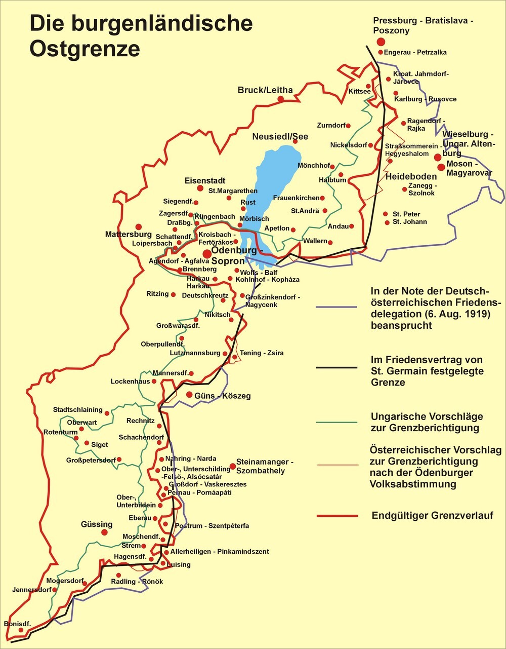 Zu sehen sind die unterschiedlichen Grenzziehungen der Ostgrenze des Burgenlandes von der ersten verhandelten Ostgrenze bis zur endgültigen Grenzziehung